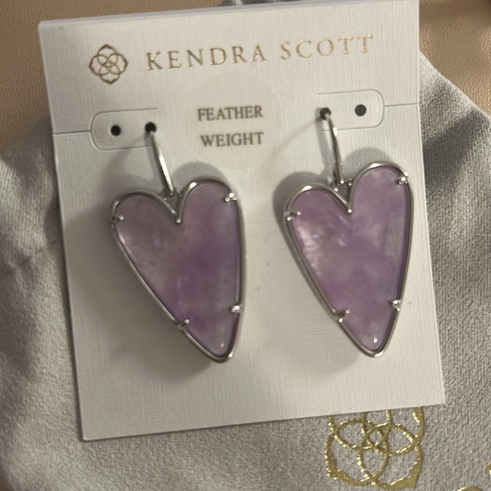 Kendra Scott Ansley Heart Rhod Amethyst Silver Drop Earrings NWT card & pouch - Picture 2 of 5